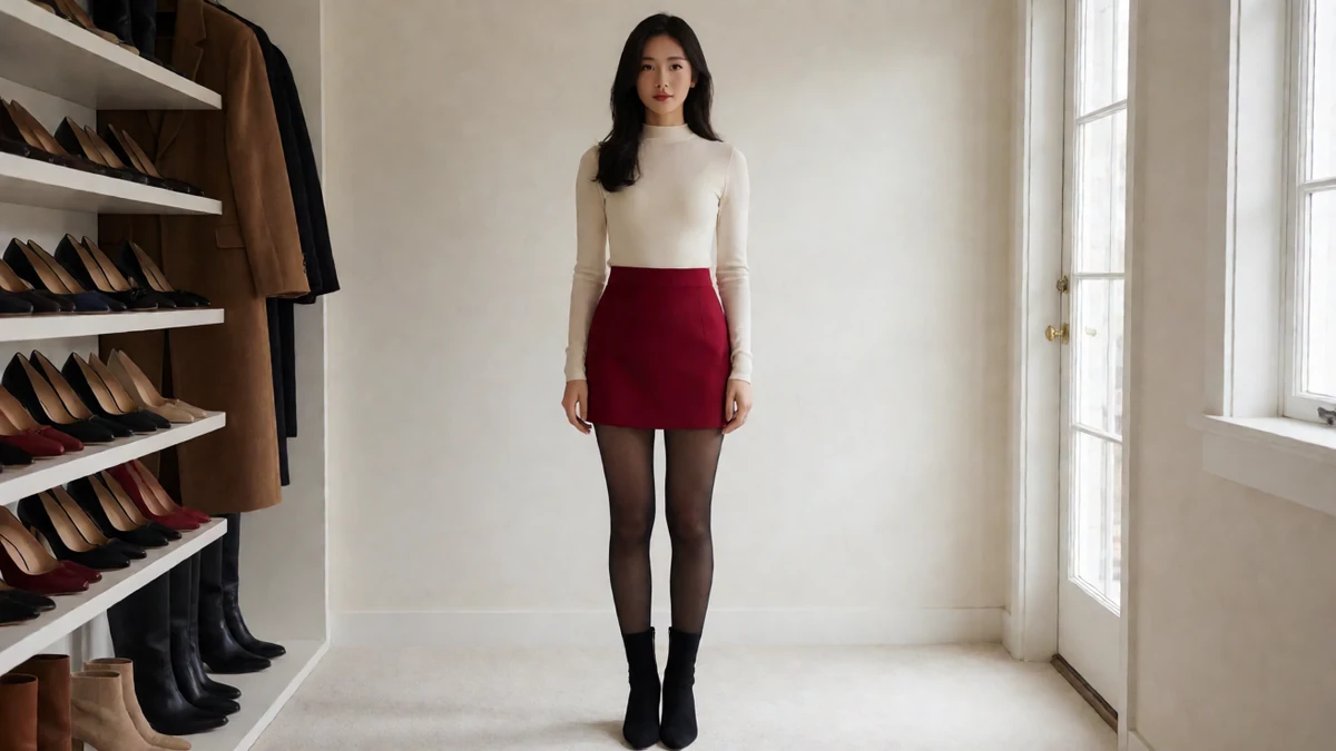 成年女子穿白色上衣、酒红短裙、黑丝袜和黑色短靴站在浅色鞋架旁